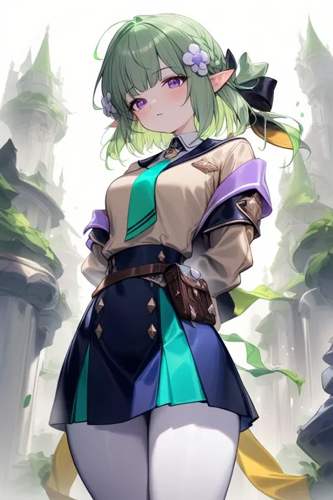 <lora:castelle:0.7>,castelle,1girl,solo,green hair,white background,cowboy_shot,<lora:SZB-beta:0.6>,SZB,arms behind back,skirt,, masterpiece, best quality, very aesthetic, absurdres