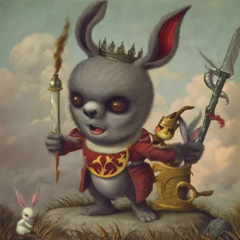 open mouth,hat,holding,animal ears,sitting,standing,tail,yellow eyes,weapon,outdoors,horns,sky,day,pants,sword,cloud,holding weapon,rabbit ears,from side,tree,no humans,profile,animal,mouth hold,cloudy sky,grass,crown,polearm,claws,furry,smoke,colored sclera,monster,rabbit,flag,riding,creature,giant,multiple others,mouse,whiskers,elephant, lowbrow art style,surreal <lora:LowBrowXL:1>