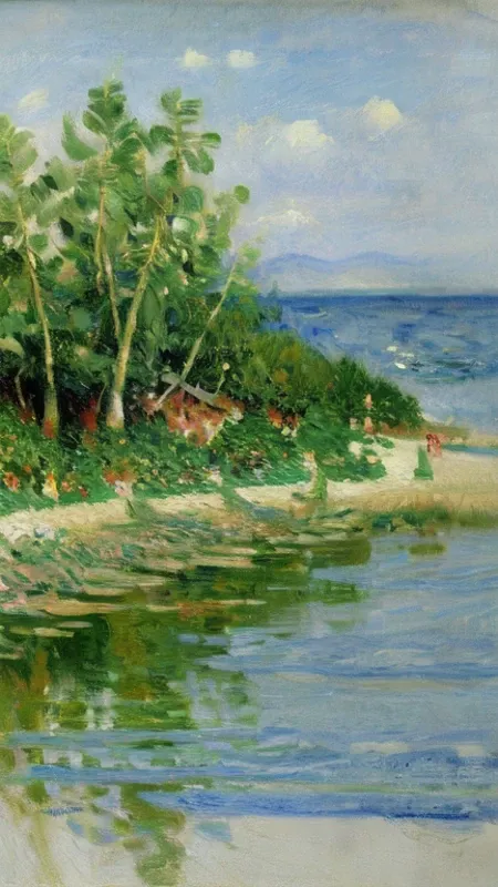 A painting in the style of Claude Monet depicting a picturesque beach. The vibrant colors and loose, almost sketch-like representation convey a unique sense of liveliness and movement.