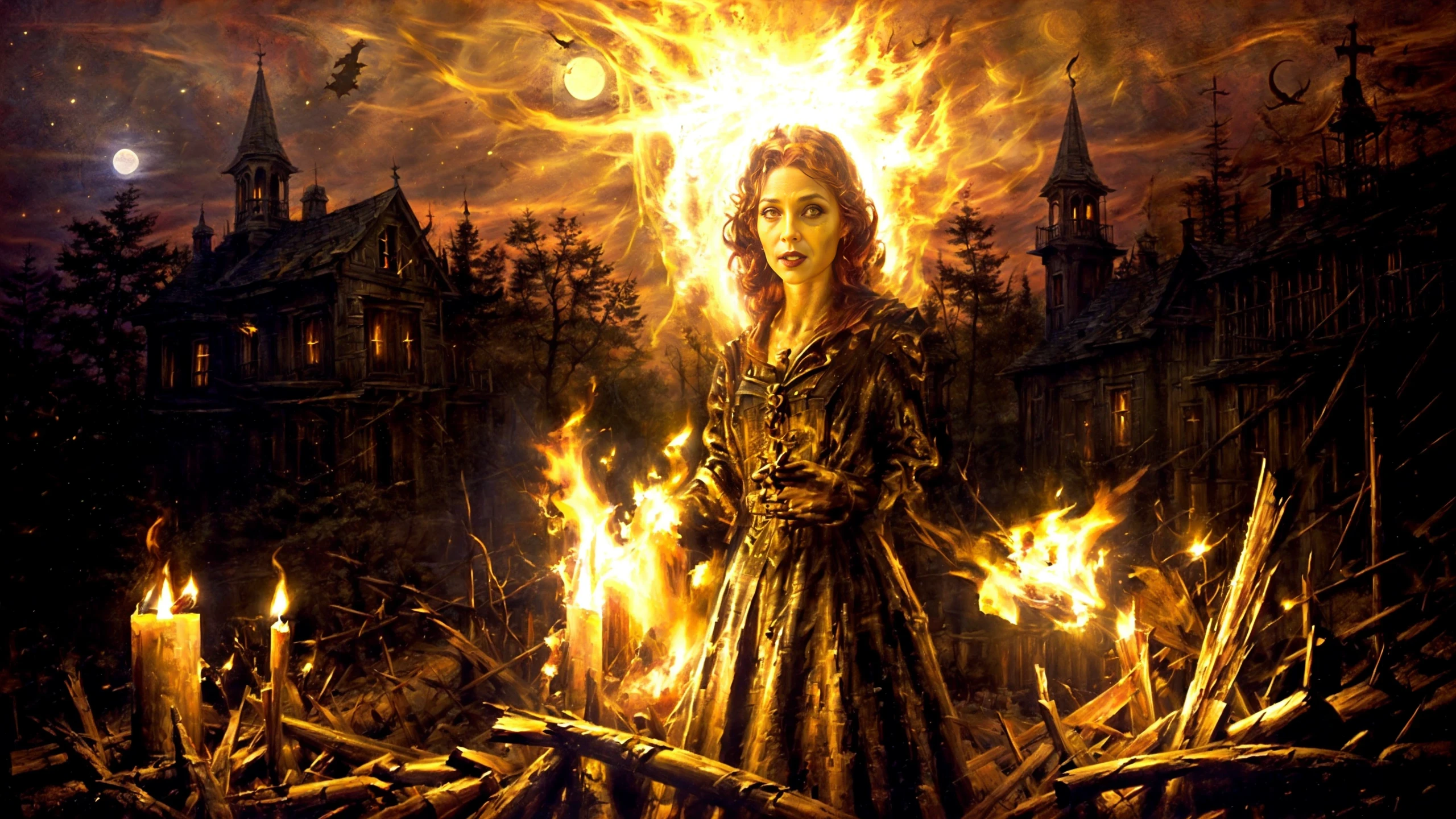 (fire girl, FireFull:1.2), flames, fire spell magic, ((fire in hands)), (burning body), portrait, (standing), happy smiling,(laughing:0.7), (fire:1.2), red eyes, red lips, (horror terror landscape), bonfire, candles. sharp focus, (moonligh, bright full moon):1.2, (glowing lights), (burning torches), (bats:1.2) in the (bright sky), magic fantasy, fire explosions, Dark orange clothes, zipper earrings, (vampire gothic theme atmosphere), (old creepy mansion:1.2), spectral visions, spooky, Warm Brown (glowing flowers:1.2), crypt, graveyard tombs crosses, ritual, iridiscent lights, (very detailed), (medium shot):1.2, best quality, cinematic lights, backlight, shadows, vibrant colors, high contrast, hdr, reflections, <lora:Detail Tweaker LoRA add_detail:0.7> <lora:depth_of_field_slider_v1:5> <lora:SDXLrender_v2.0:0.9>
<lora:FireElement_concept:0.5><lora:RPGFireElemental:0.2> witch <lora:RPGAlchemist:0.4>