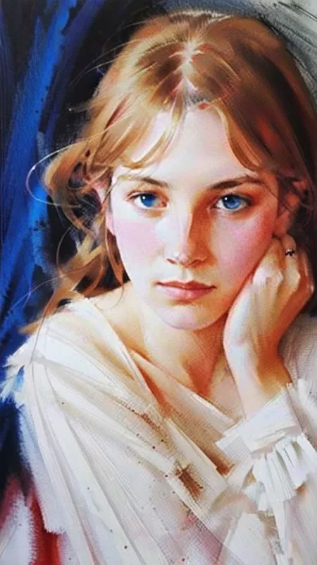 An artistic portrait of a captivating woman with expressive eyes and a mysterious gaze, Surrealism, Highly Detailed, Watercolor Painting, Soft light.