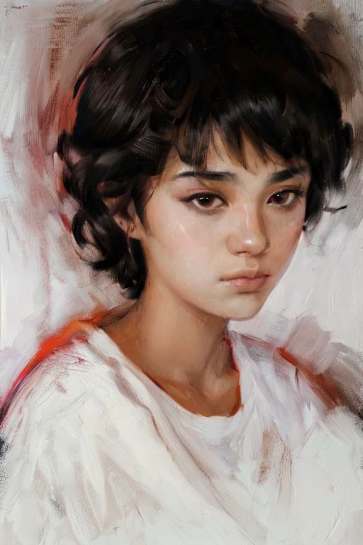 casca berserk, young woman,very short hair, dark messy hair, fit, tanned skin, large eyes, portrait, face close up, white shirt, large dark eyes,