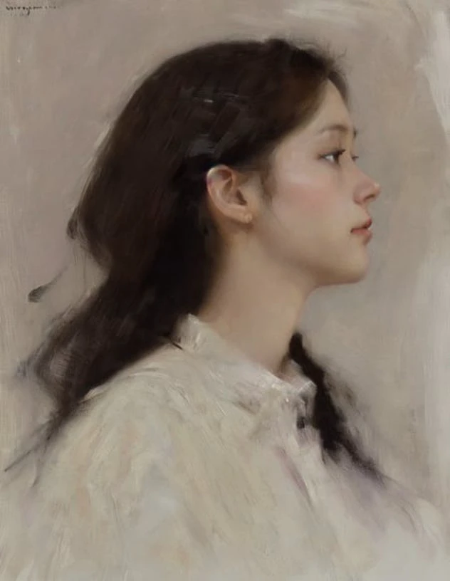 sargent,mucha, king,ctoil, 1girl, black hair, long hair, realistic, profile, lips, closed mouth, shirt,