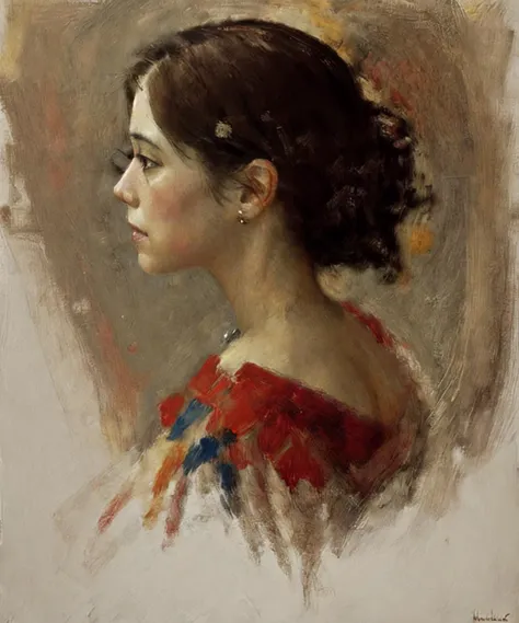 (DELACROIX:1), norman rockwell style ,king,ctoil, 1girl, solo, black hair, long hair, realistic, profile, lips, closed mouth, shirt,
