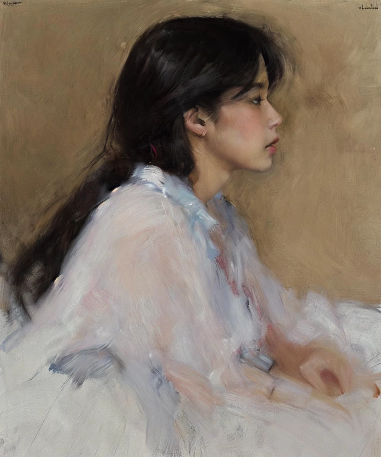 (LAUTREC:1), king,ctoil, 1girl, black hair, long hair, realistic, profile, lips, closed mouth, shirt,nice fingers,full body,