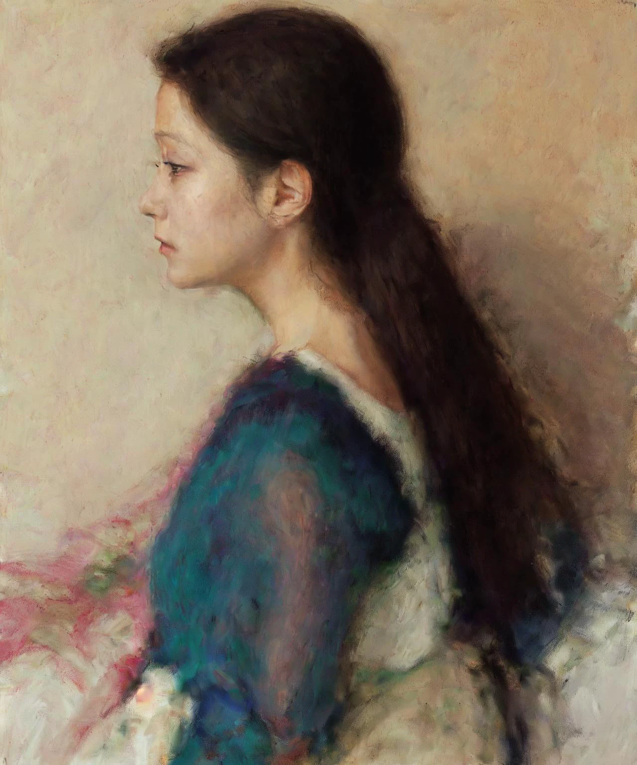DEGAS, king,ctoil, 1girl, black hair, long hair, realistic, profile, lips, closed mouth, shirt,nice fingers,full body,