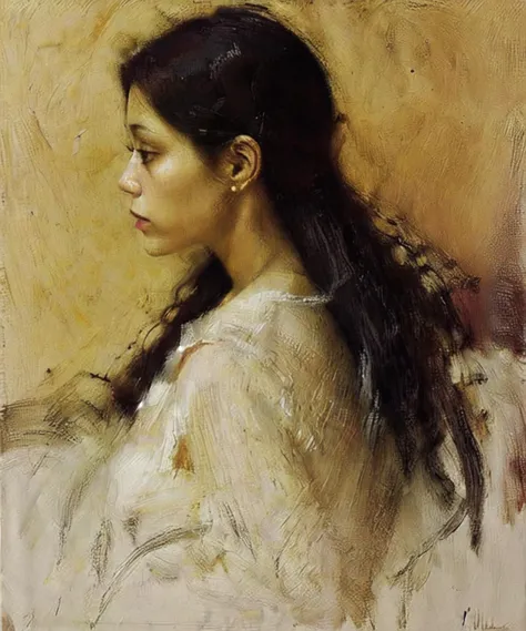 (Jean-Francois MILLET:1.1), king,ctoil, 1girl, black hair, long hair, realistic, profile, lips, closed mouth, shirt,nice fingers,full body,