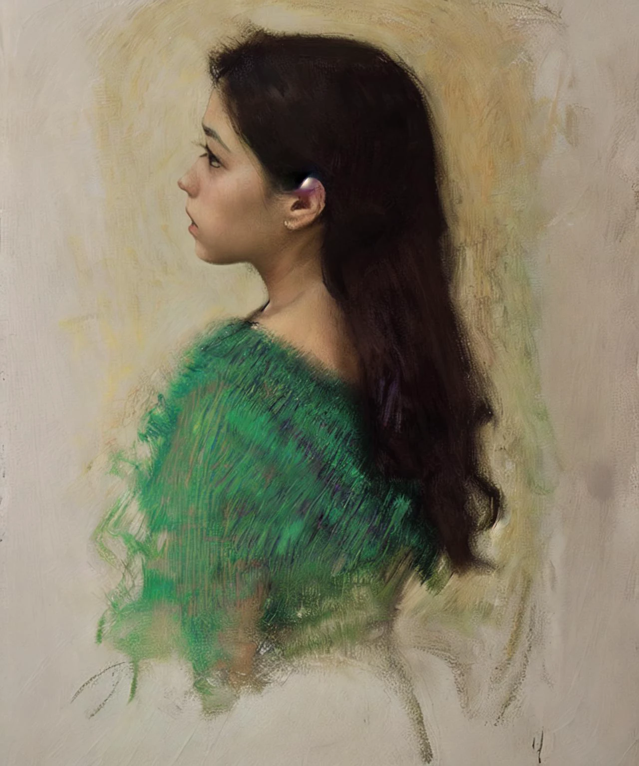 (Edgar DEGAS:1), king,ctoil, 1girl, black hair, long hair, realistic, profile, lips, closed mouth, shirt,nice fingers,full body,