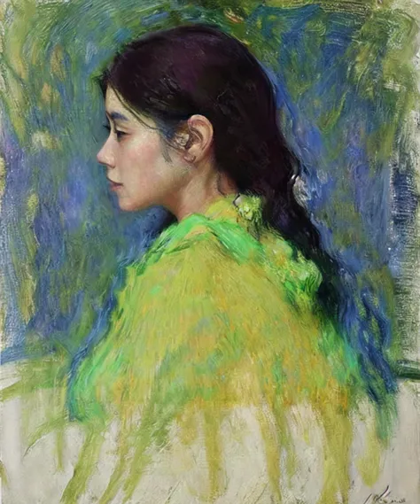 (Claude MONET:1), king,ctoil, 1girl, black hair, long hair, realistic, profile, lips, closed mouth, shirt,nice fingers,full body,