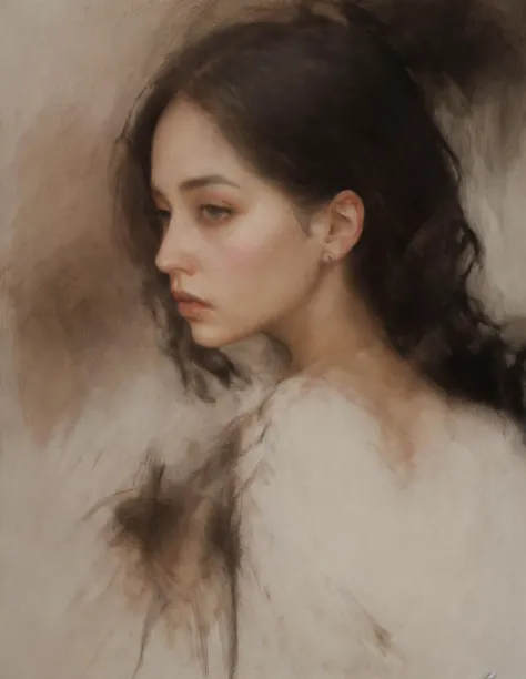 style of Casey Baugh, 1girl, black hair, long hair, lips, closed mouth,