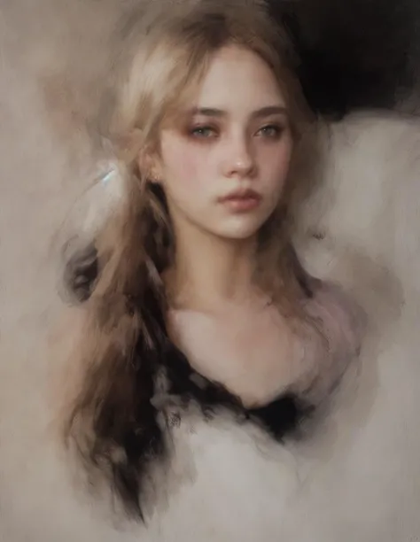 style of Casey Baugh, 1girl, black hair, long hair, lips, closed mouth,