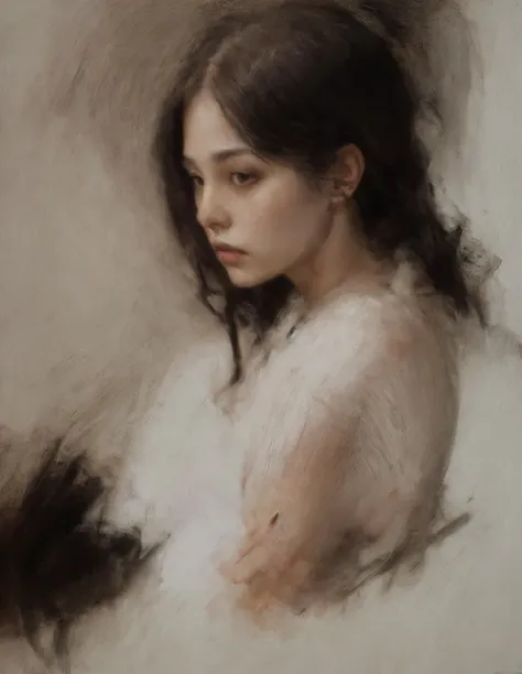 style of Casey Baugh, 1girl, black hair, long hair, lips, closed mouth,