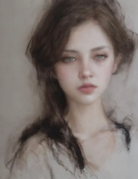 style of Casey Baugh, 1girl, black hair, long hair, lips, closed mouth,
