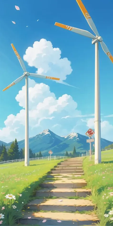 (Best quality,masterpiece:1.2), <lora:NewFlat2-000014:0.5>,Art\(Illustration\), Season\(Spring\), warm colors, green energy, wind turbines, road sign, sky, outdoors, cloud, flower, scenery, grass, falling petals, day, blue sky, petals, stairs, sign, white flower, mountain, cloudy sky, aircraft, road, hill, no humans