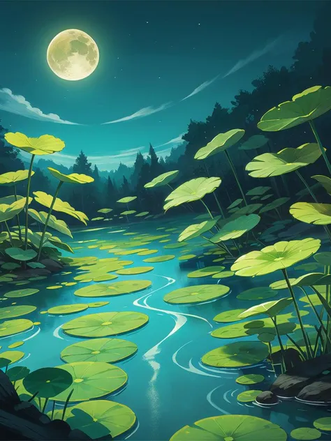 (Best quality,masterpiece:1.2), <lora:NewFlat2-000014:0.5>,Art\(Illustration\), season\(summer\), landscape, pond, stroke, lily pond, lotus leaf, earth slope, reflections, scenery, lily pad, outdoors, water, plant, leaf, day, nature, rock, green theme, moon, no humans