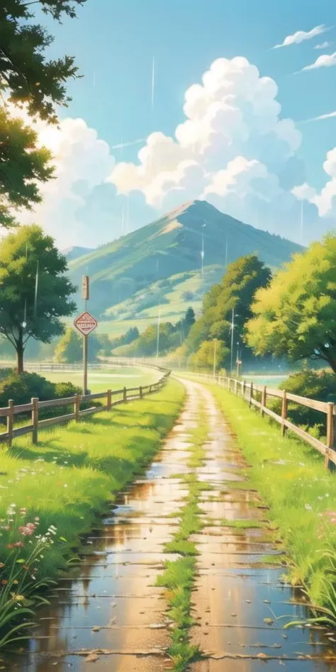 (Best quality,masterpiece:1.2), <lora:NewFlat2-000014:0.5>,Art\(Illustration\), Season\(Spring\), warm colors, nature, 
Country Road, puddle,Greenery,  fence,road, road sign, mountain, sunlight, 
water drop,water, rain, scenery, tree, cloud, grass, sky, cloudy sky, flower,
reflection, plant,day, no humans, outdoors,