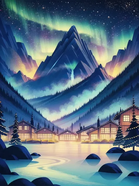 (Best quality,masterpiece:1.2), <lora:NewFlat2-000014:0.5>,Art\(Illustration\), texture, Festive Lights, Northern Lights, Winter Village, fantasy, aurora, scenery, no humans, sky, outdoors, star \(sky\), night, tree, starry sky, night sky, house, pine tree, christmas tree, water, rock, building, mountain, snow, window, chimney