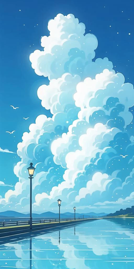 (Best quality,masterpiece:1.2), <lora:NewFlat2-000014:0.5>,Art\(Illustration\),outdoors, reflection, cool colors,
(Train Tracks , street lamp), lamppost, Dreamy Landscape, day, scenery,
railing, bird, cloudy sky, blue sky,sky,cloud, flock, light particles, star \(sky\),blue theme,no humans