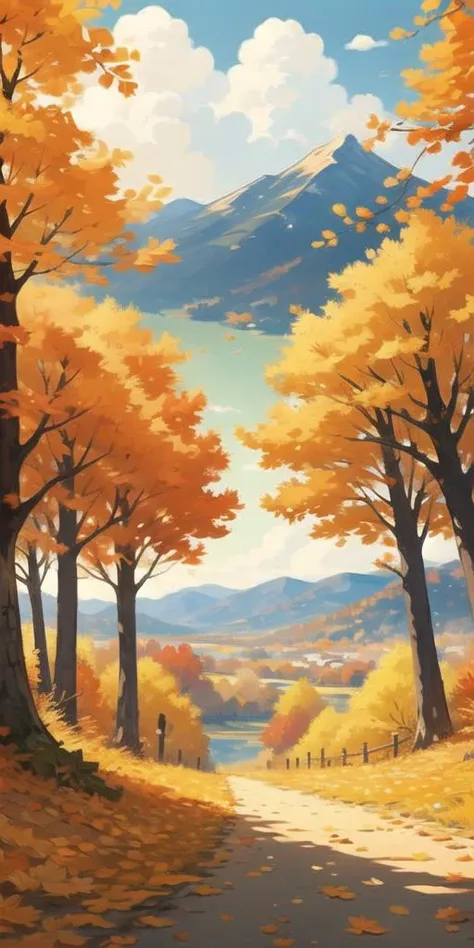 (Best quality,masterpiece:1.2), <lora:NewFlat2-000014:0.5>,Art\(Illustration\), Season\(Autumn\), warm colors, scenery,landscape, day,
Mountain View,path, Golden Leaves, autumn forest,tree,cloud, forest,
autumn leaves autumn, leaf,nature, sky, falling leaves, maple leaf,
outdoors, no humans,