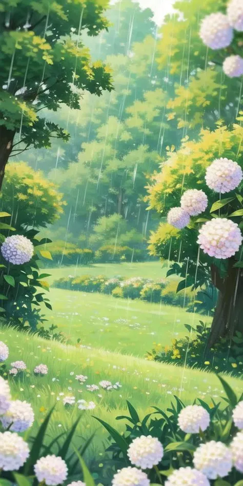 (Best quality,masterpiece:1.2), <lora:NewFlat2-000014:0.5>,Art\(Illustration\), season\(spring\), warm colors, outdoors, day, 
hydrangea, bush, flower, rain,grass, white flower, leaf, tea garden,  scenery, blurry, blurry foreground, depth of field, no humans