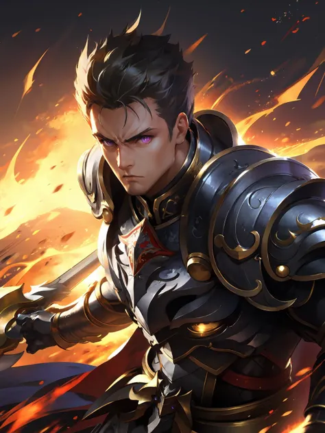 masterpiece,best quality,highres,cinematic lighting,dramatic angle,1boy,mature male,black hair,purple eyes,armor,<lora:ShadowverseRowenV1:0.8> ,holding weapon,flaming weapon,looking at viewer,cowboy shot,serious,dragoon,action pose,dynamic pose,portrait,close-up