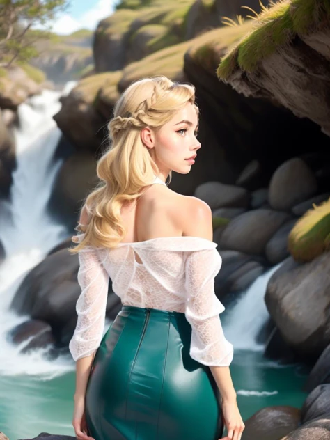 (((Medium shot:1.5))),nsfw, photo of  a 30 years old, (Merger_roman_surreeve) woman modelshoot style, (extremely detailed), (CG unity 8k wallpaper), Intricate, High Detail, Sharp focus, dramatic, ((photorealistic)), (((background A tranquil river winding its way through rolling hills fed from a waterfall cascading down a mossy clff))), ((posing for a photo)), (detailed pupils:1.2),warm smile, suntan, bronze skin, (full body shot, 8k, RAW photo, best quality, depth of field, ultra high res:1.2), (absurdres, intricate, photorealistic, masterpiece, ultra-detailed:1.3, cinematic lighting), shot at eye level, photography on a Fujifilm X-T4 with a 50mm lens, indoors, modelstyle photography setting,(from behind back turned Looking at viewer over shoulder, small waist, medium hips, medium perfect ass,focus on lower body:1.5),wide depth of field,( very long (blonde):1.5) hair, (realistic:1.5), glossy lips, soft skin, elegant makeup,wearing <lora:Outfit_HobbleMeshDress:0.8> dr3ss, pencil skirt, see-through, mesh shirt, [corset, zipper], [corset, laces], cleavage, cleavage cutout, off-shoulder, halter, collarbone, PEPLUM