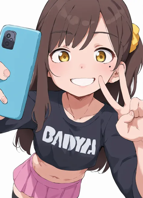 score_9, score_8_up, score_7_up, bbka_style,
1girl, solo, brown hair, long hair, yellow eyes, grin, black shirt, mole under eye, navel, holding phone, white background, selfie, collarbone, zettai ryouiki, simple background, black thighhighs, hair scrunchie, pink skirt, v, dutch angle, 
<lora:bbka_pdxl5:1>