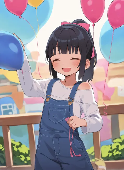 score_9, score_8_up, score_7_up, bbka_style,
1girl, :d, ^ ^, balloon, black hair, blue overalls, blunt bangs, closed eyes, hair ribbon, holding balloon, long sleeves, off shoulder, open mouth, overalls, pink ribbon, ponytail, ribbon, shirt, smile, solo, white shirt, upper body, sky
<lora:bbka_pdxl5:1>