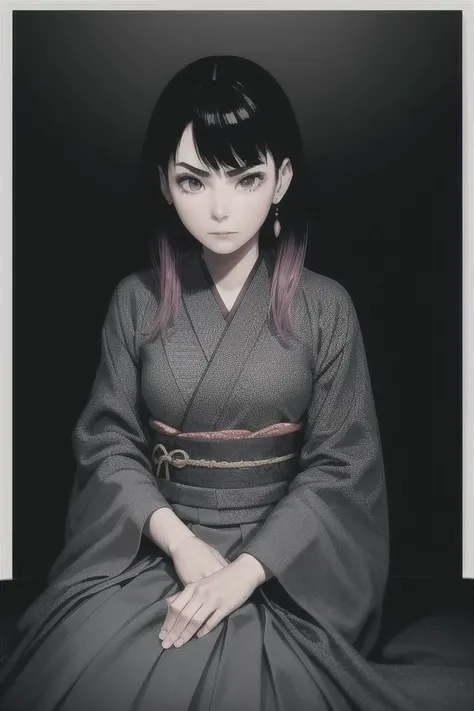 a girl, AkaneOsaki, sitting, kimono, fan, portrait, <lora:AkaneOsaki:0.7>