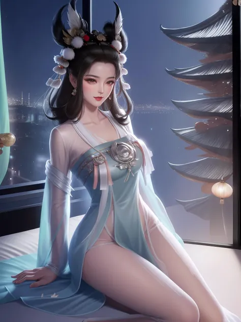 1girl,dress,cityscape,night,mature female,looking at viewer,hair ornament,animal ears,hair ornament,sidelocks,chinese clothes,see-through,pantyhose,gauzy dress,arms behind back,east asian architecture,<lora:changErumengling_20230710213753-000009:0.75>,makeup, forehead jewel, jewelry, sitting, bed,
