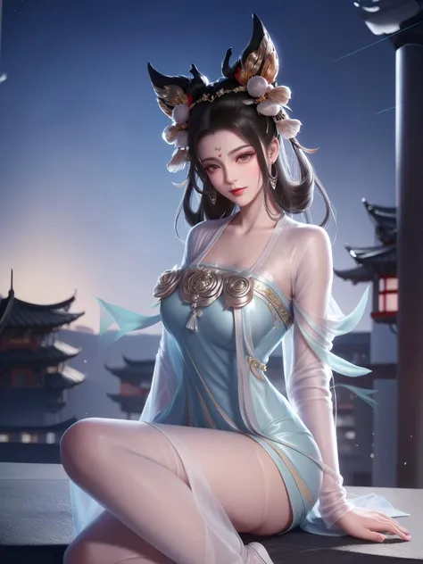 1girl,dress,cityscape,night,mature female,looking at viewer,hair ornament,animal ears,hair ornament,sidelocks,chinese clothes,see-through,pantyhose,gauzy dress,arms behind back,east asian architecture,<lora:changErumengling_20230710213753-000009:0.75>,makeup, forehead jewel, jewelry, sitting, bed,