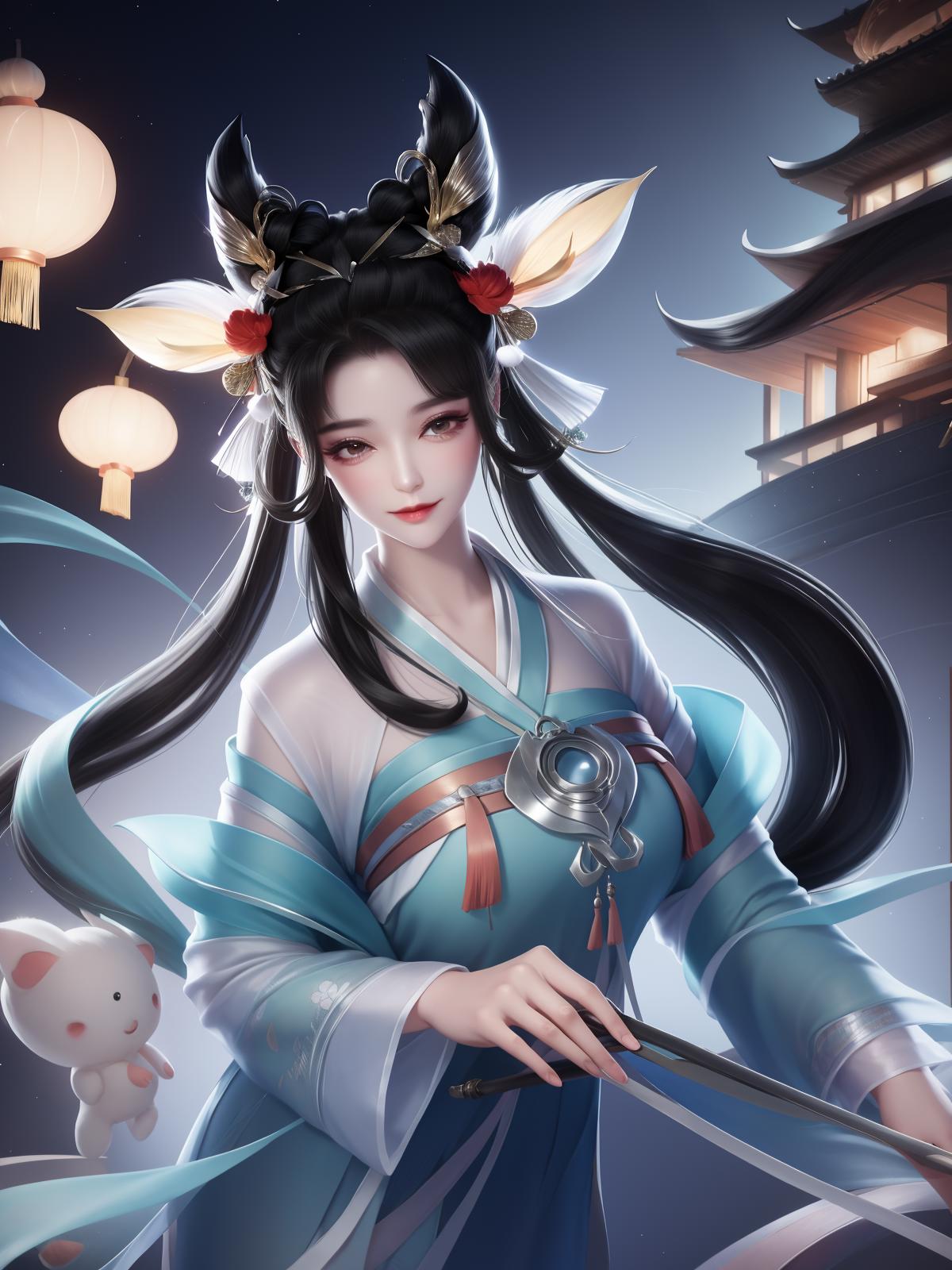 A woman in a blue dress holding a sword and a cat - SeaArt AI