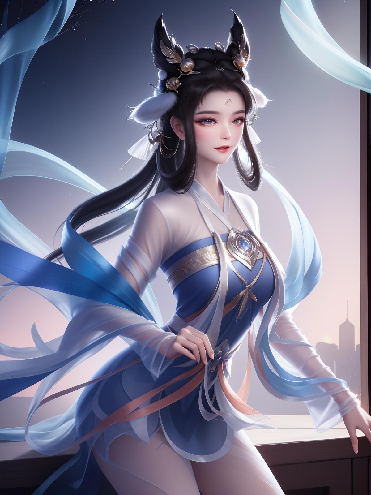 A woman in a blue dress with horns and a blue dress - SeaArt AI