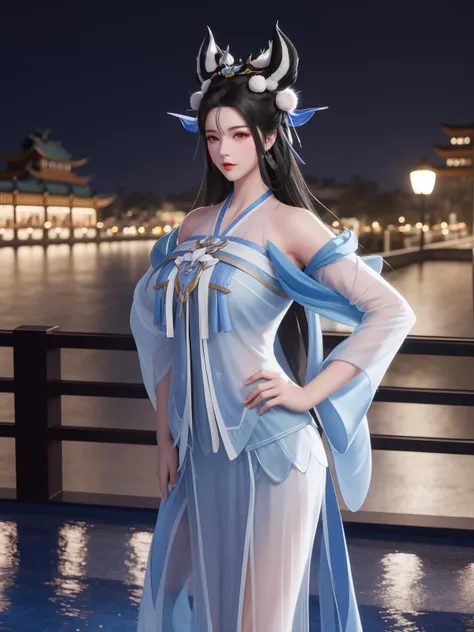 WZRYchangeRML, 1girl, solo, dress, jewelry, black hair,long hair, facial mark, headgear, see-through, looking at viewer, standing, forehead mark, chinese clothes,shawl, cityscape, night, pool,mature female, cowboy shot, <lora:WZRYchangeRMLGF:0.75>,hand on hip, fur trim,