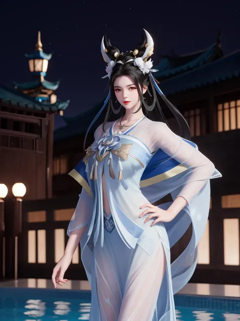 A 25-year-old female singer dances in ancient Chinese gorgeous Hanfu under the glazed screen on a clear night under the moonlight 8K cleavage