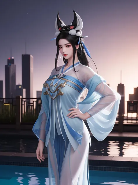 WZRYchangeRML, 1girl, solo, dress, jewelry, black hair,long hair, facial mark, headgear, see-through, looking at viewer, standing, forehead mark, chinese clothes,shawl, cityscape, night, pool,mature female, cowboy shot, <lora:WZRYchangeRMLGF:0.75>,hand on hip, fur trim,