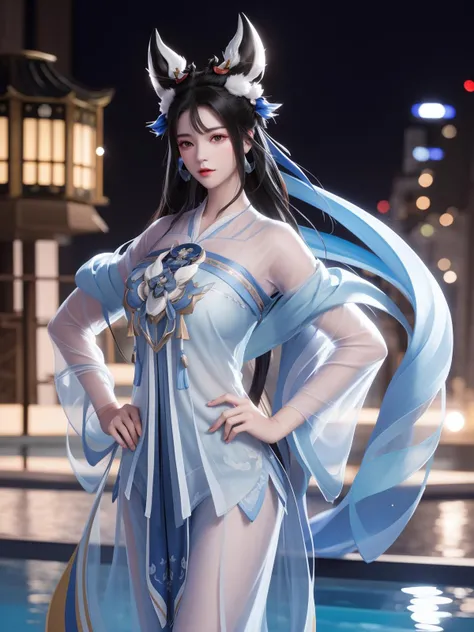 WZRYchangeRML, 1girl, solo, dress, jewelry, black hair,long hair, facial mark, headgear, see-through, looking at viewer, standing, forehead mark, chinese clothes,shawl, cityscape, night, pool,mature female, cowboy shot, <lora:WZRYchangeRMLGF:0.75>,hand on hip, fur trim,