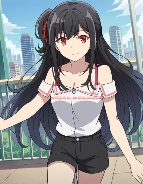 score_9, score_8_up, score_7_up, source_anime,
nagisanatsunagi, <lora:nagisa-natsunagi-ponyxl-lora-nochekaiser:1>,
nagisa natsunagi, long hair, black hair, red eyes, very long hair, one side up, smile,
shirt, cleavage, bare shoulders, collarbone, white shirt, shoes, shorts, off shoulder, short shorts, black shorts, white footwear, off-shoulder shirt,
outdoors, cityscape,
looking at viewer, cowboy shot, dutch angle, dynamic pose,