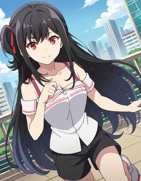 score_9, score_8_up, score_7_up, source_anime,
nagisanatsunagi, <lora:nagisa-natsunagi-ponyxl-lora-nochekaiser:1>,
nagisa natsunagi, long hair, black hair, red eyes, very long hair, one side up, smile,
shirt, cleavage, bare shoulders, collarbone, white shirt, shoes, shorts, off shoulder, short shorts, black shorts, white footwear, off-shoulder shirt,
outdoors, cityscape,
looking at viewer, cowboy shot, dutch angle, dynamic pose,