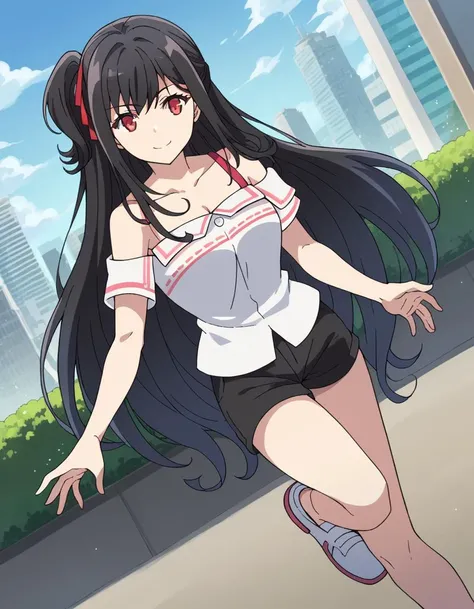 score_9, score_8_up, score_7_up, source_anime,
nagisanatsunagi, <lora:nagisa-natsunagi-ponyxl-lora-nochekaiser:1>,
nagisa natsunagi, long hair, black hair, red eyes, very long hair, one side up, smile,
shirt, cleavage, bare shoulders, collarbone, white shirt, shoes, shorts, off shoulder, short shorts, black shorts, white footwear, off-shoulder shirt,
outdoors, cityscape,
looking at viewer, cowboy shot, dutch angle, dynamic pose,