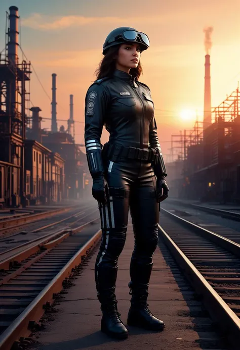 score_9, score_8_up, score_7_up, 1girl (medium full shot) of (bonnie young woman:1.1) police officer, mexican with dark hair, brown eyes, medium skin tone, medium build, wearing Futuristic silver bodysuit with reflective stripes, high-collar top, fitted pants, visor cap, metallic boots, tactical gloves, happy, stretching, .set in industrial district, with towering smokestacks, rumbling freight trains, and the clatter of machinery echoing through empty streets , at sunset. Masterpiece,best quality, photorealistic, amazing quality, very aesthetic, extremely detailed face