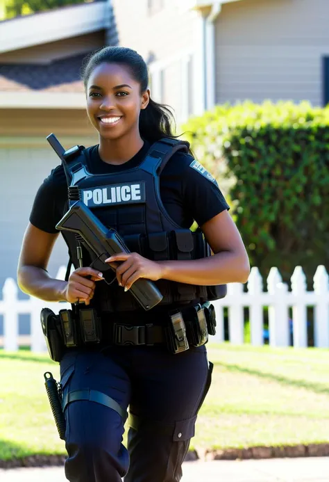 score_9, score_8_up, score_7_up, 1girl (medium full shot) of (desirable young woman:1.1) police officer, black american with fringe hair, dark eyes, dark skin, curvy, wearing Stealthy all-black ensemble with tactical vest, skirt, tactical helmet, combat boots, carrying a taser, happy, heart hands, .set in suburban cul-de-sac, with children riding bikes, neighbors chatting over fences, and the smell of barbecues wafting through the air . Masterpiece,best quality, photorealistic, amazing quality, very aesthetic, extremely detailed face