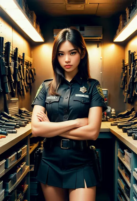 score_9, score_8_up, score_7_up, 1girl (medium full shot) of (supermodel young woman:1.1) police officer, thai with dark, straight hair, brown eyes, light brown skin, petite, wearing Stealthy all-black ensemble with tactical vest, skirt, tactical helmet, combat boots, holding a radio, angry, crossed arms, .set in Armory Storage, Cramped area with racks of firearms secured in lockers, ammunition boxes neatly stacked on shelves, a heavy-duty workbench with cleaning supplies, a wall-mounted rack for tactical gear, and a ventilation duct in the ceiling , at sunset. Masterpiece,best quality, photorealistic, amazing quality, very aesthetic, extremely detailed face