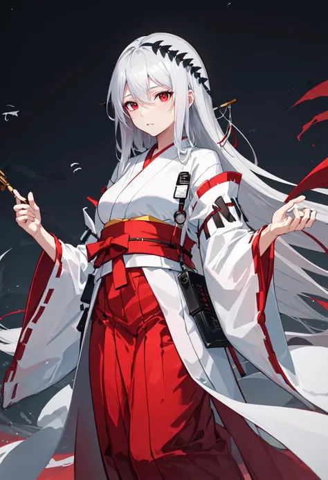 best quality, masterpiece, highres, solo, {white kimono:1.35}, {red hakama:1.35}, {wide sleeves:1.20}, {irene_arknights:1.15}, long_hair, grey_hair, head_wings, scar, scar_across_eye, grey_eyes, earrings, jewelry, scar_on_face, closed_mouth, upper_body, very_long_hair