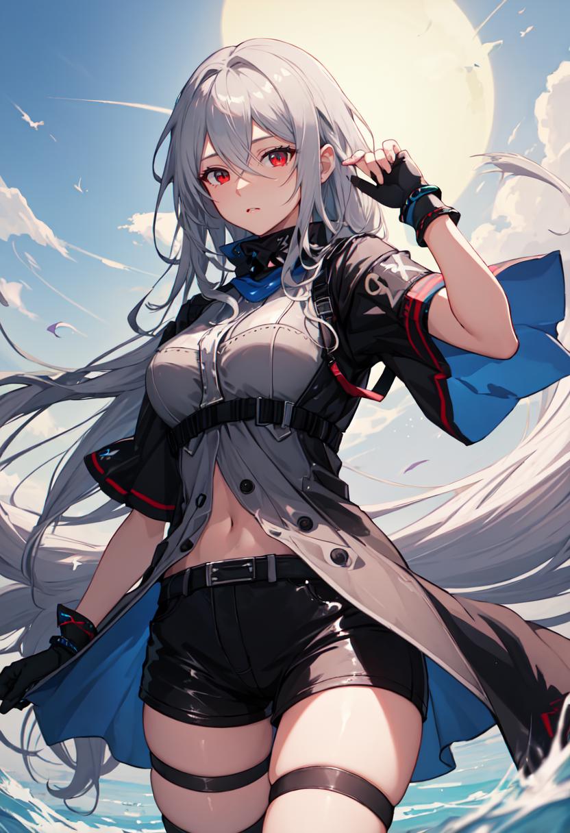 Anime girl with long hair and a sword in the water - SeaArt AI