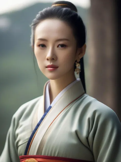 1girl,<lora:zzy_SDXL_1_:1>,yujiaolong,zzy,close-up shot,Cinematic Lighting,slender,petite,narrow waist,middle breasts,qing dynasty women's clothing,<lora:DetailedEyes_xl_V2:1.5>,outdoors,yueliangmen,bright,clear day,scene of crouching tiger hidden dragon in the movie,