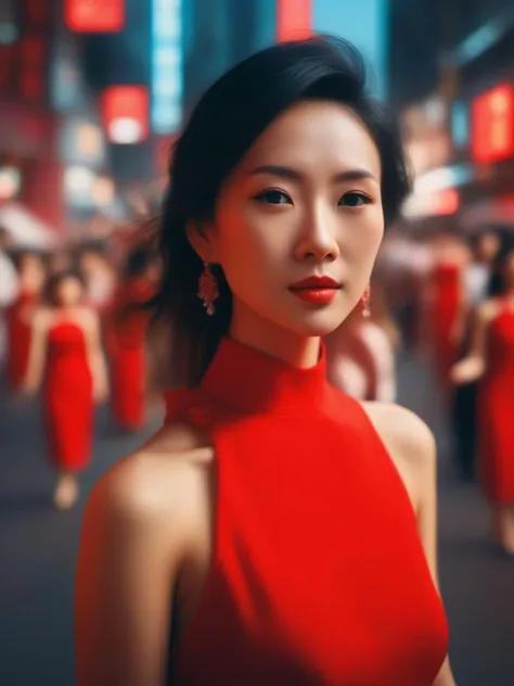 A stunning intricate full color portrait of a chinese women,wearing a long high neck red dress, crowded street, spectators, happy, epic character composition,by ilya kuvshinov, alessio albi, nina masic,sharp focus, natural lighting, subsurface scattering, f2, 35mm, film grain, half body shot <lora:zzy_SDXL_1_:1>