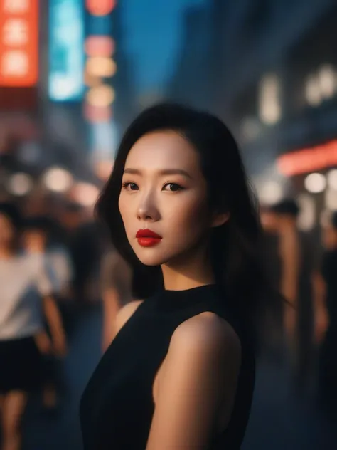 A stunning intricate full color portrait of a chinese women,wearing a long high neck black dress, crowded street, spectators, having fun, epic character composition,by ilya kuvshinov, alessio albi, nina masic,sharp focus, natural lighting, subsurface scattering, f2, 35mm, film grain, portait, closeup, very detailed skin texture <lora:zzy_SDXL_1_:1>