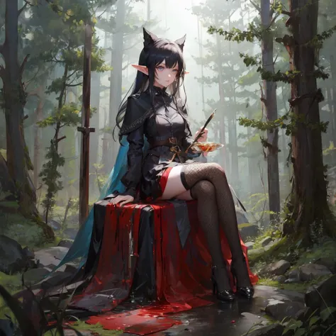 <lora:stockings:1>, fishnet stockings, elf, 1girl, thief, dark, holding knife, forest, dark fantasy, forest background, sitting, legs focus, masterpiece, detailed, blood on face, blood on clothes,