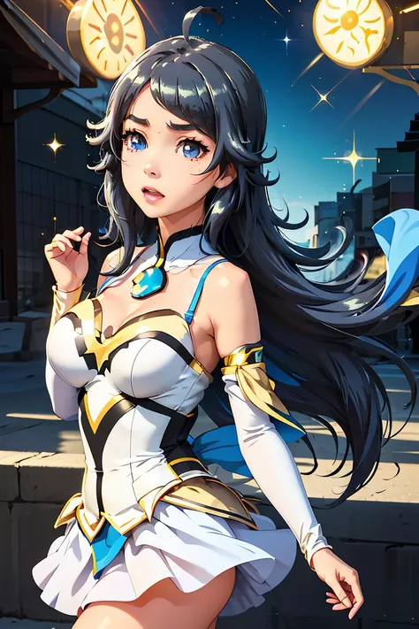 (masterpiece, best quality), 1girl, <lora:character_Koboshi:1> solo, 1girl, long hair, blue eyes, ahoge, black hair, sparkle, medium breasts, glint, lens flare, eyebrows visible through hair,